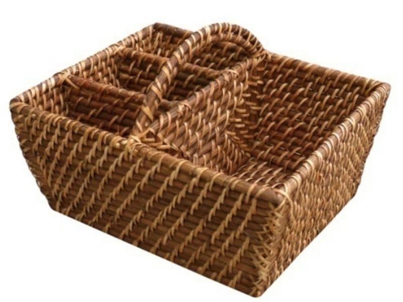 Handcrafted Rectangular Rattan Utensil Holder - Multi-Compartment Kitchen Organizer